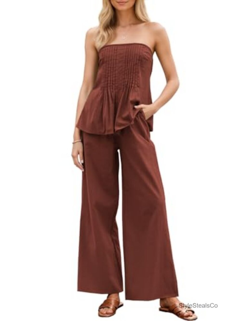Women's 2 Piece Outfit Tube Top Wide Leg Pants Lounge Set with Pockets